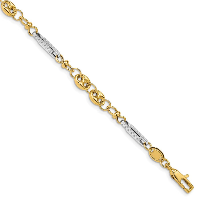 Million Charms 14K Two-Tone Gold Polished & Textured Fancy Link Bracelet, Chain Length: 7.5 inches