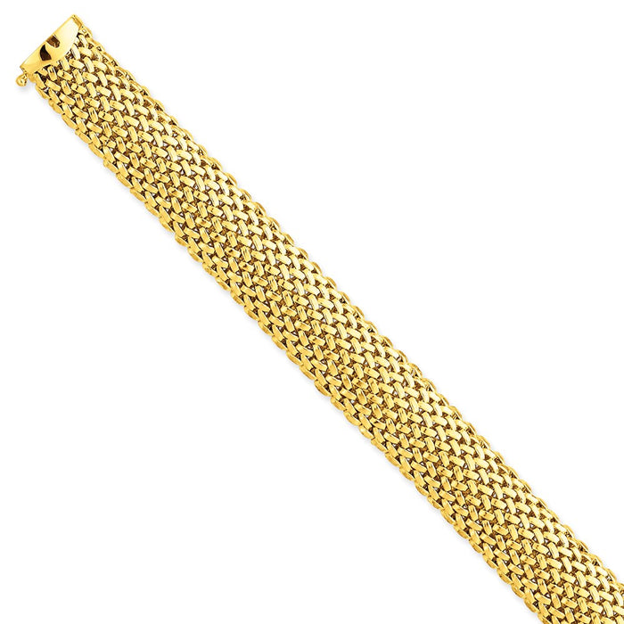 Million Charms 14k Yellow Gold 7.25in 13.75mm Polished Mesh Bracelet, Chain Length: 7.25 inches