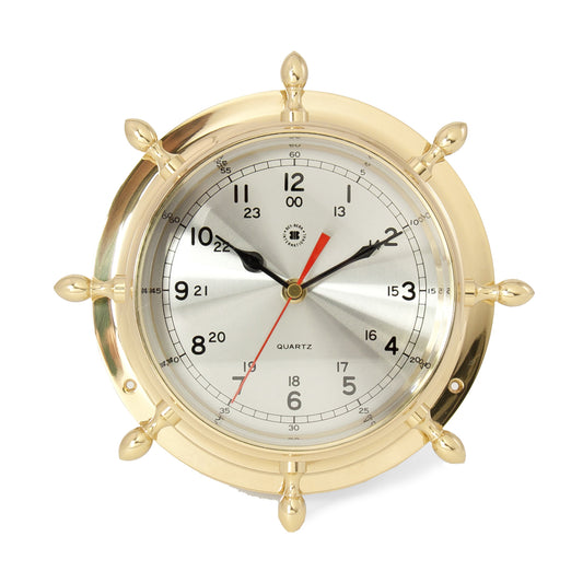 Occasion Gallery Gold Color Lacquered Brass Ship's Wheel Quartz Clock with Beveled Glass. 9.5 L x 2 W x  H in.