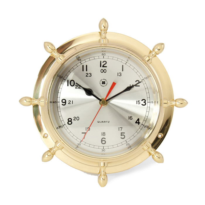 Occasion Gallery Gold Color Lacquered Brass Ship's Wheel Quartz Clock with Beveled Glass. 9.5 L x 2 W x  H in.