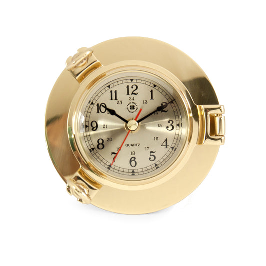 Occasion Gallery Gold Color Lacquered Brass Porthole Quartz Clock with Beveled Glass. 5.25 L x 2 W x  H in.