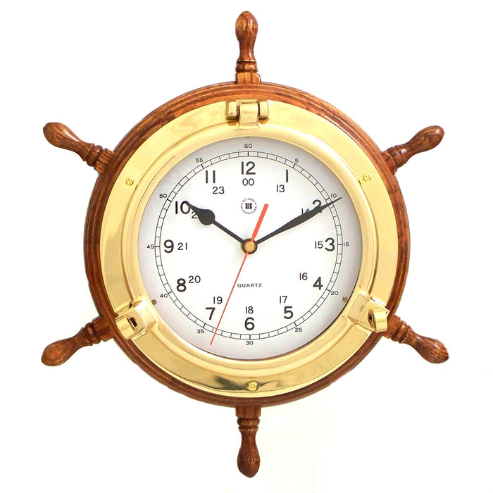 Occasion Gallery Oak Wood/Gold Color Lacquered Brass Porthole Quartz Clock with Ship's Wheel on Oak Wood. 13.5 L x 3.5 W x  H in.