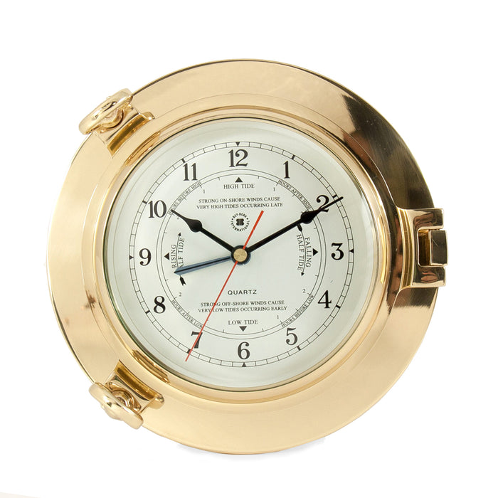 Occasion Gallery Gold Color Lacquered Brass Porthole Tide & Time Quartz Clock with Beveled Glass. 9 L x 2.5 W x  H in.