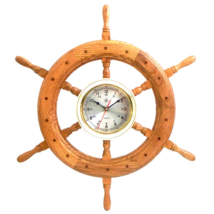 Occasion Gallery Oak Wood Color 24" Oak Ship's Wheel with Lacquered Brass Round Quartz Clock. 24 L x 2.5 W x  H in.