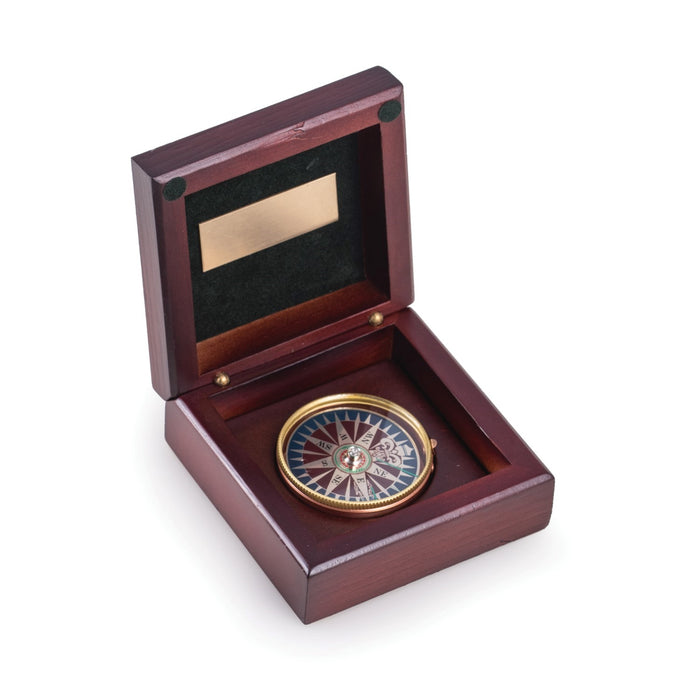 Occasion Gallery Mahogany  Color Brass Compass in Mahogany Wood Hinged Box. 3.5 L x 3.5 W x 4.25 H in.
