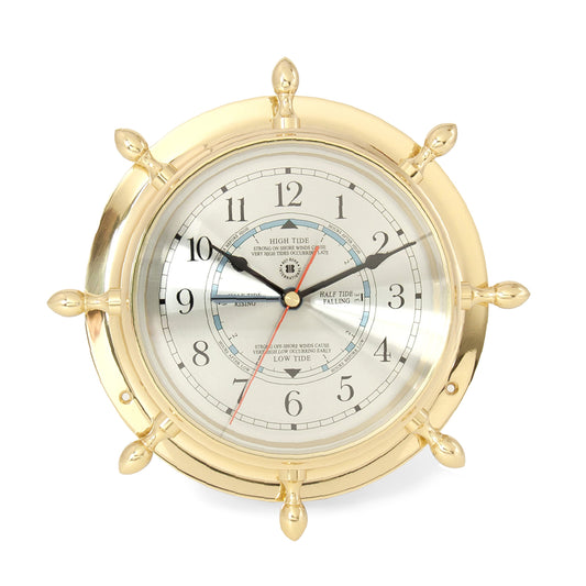 Occasion Gallery Gold Color Lacquered Brass Ship's Wheel Tide & Time Quartz Clock with Beveled Glass. 9.5 L x 2 W x  H in.
