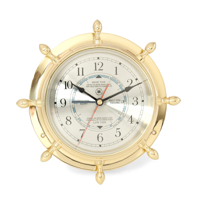 Occasion Gallery Gold Color Lacquered Brass Ship's Wheel Tide & Time Quartz Clock with Beveled Glass. 9.5 L x 2 W x  H in.