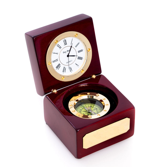 Occasion Gallery Rosewood Color Compass and Clock in Lacquered Rosewood Hinged Box with Brass Accents. 3 L x 3 W x 4.25 H in.
