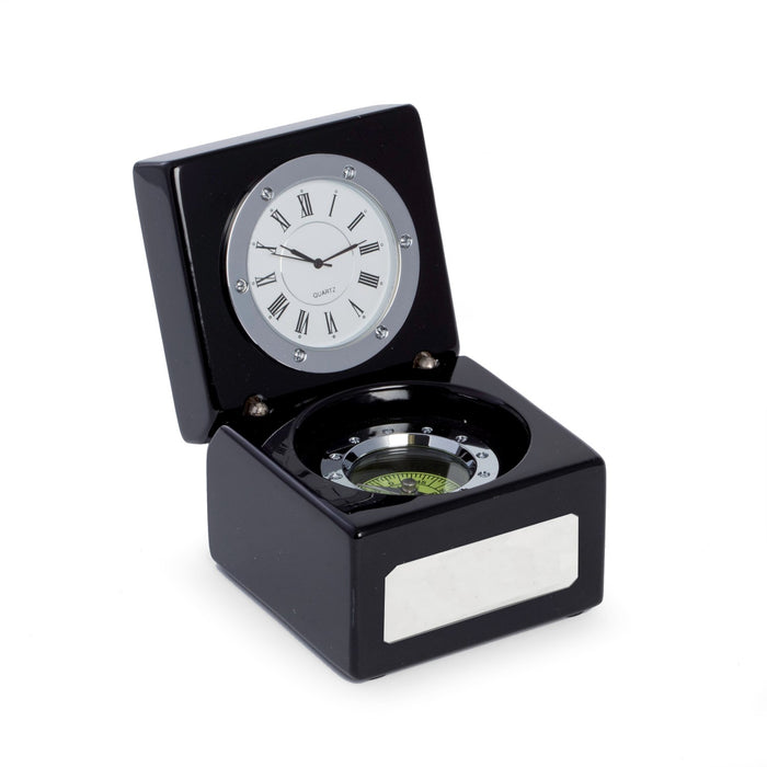 Occasion Gallery BLACK Color Compass and Clock in Lacquered Black Finish Hinged Box with Chrome Accents. 3 L x 3 W x 4.25 H in.