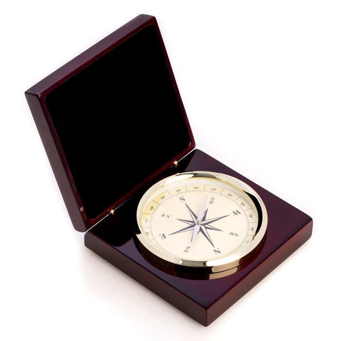 Occasion Gallery Rosewood Color Brass Compass in Lacquered "Rosewood" Hinged Box. 5.75 L x 5.75 W x 1.75 H in.