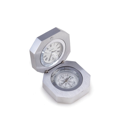 Occasion Gallery Silver Color Compass and Clock in Stainless Steel Hinged Case. 3 L x 3 W x 1.25 H in.