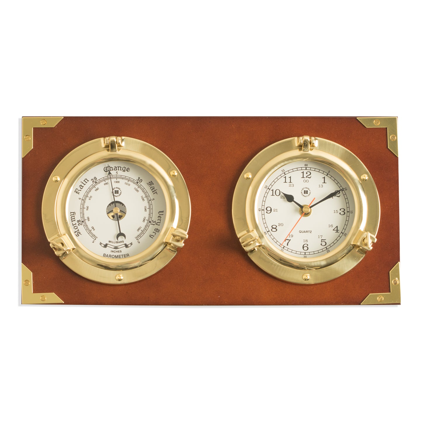 Occasion Gallery Teak Color Two Porthole Quartz Clock and Barometer on Teak Finished Wood. Wall mounts horizontally. 1.25 L x 14 W x 7 H in.