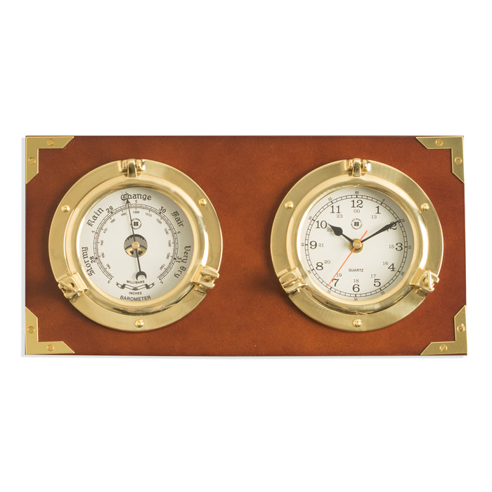 Occasion Gallery Teak Color Two Porthole Quartz Clock and Barometer on Teak Finished Wood. Wall mounts horizontally. 1.25 L x 14 W x 7 H in.