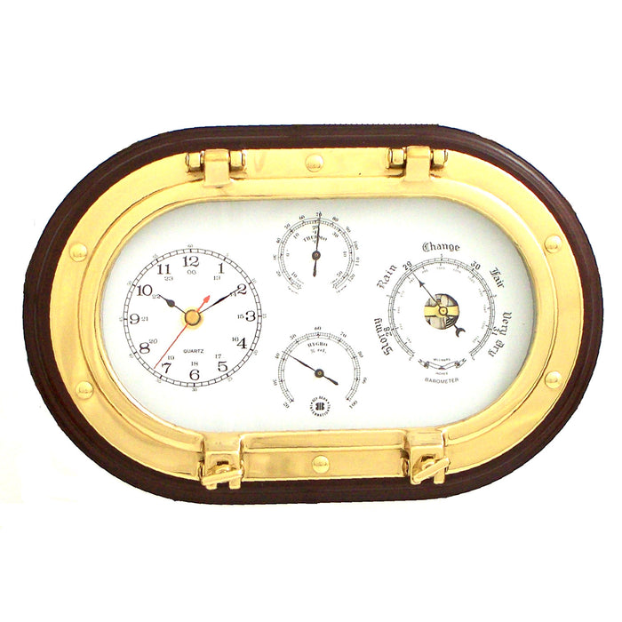 Occasion Gallery Mahogany  Color Lacquered Brass Oval Porthole Quartz Clock, Barometer, Thermometer and Hygrometer on Mahogany Wood. 12 L x 3.25 W x 8 H in.