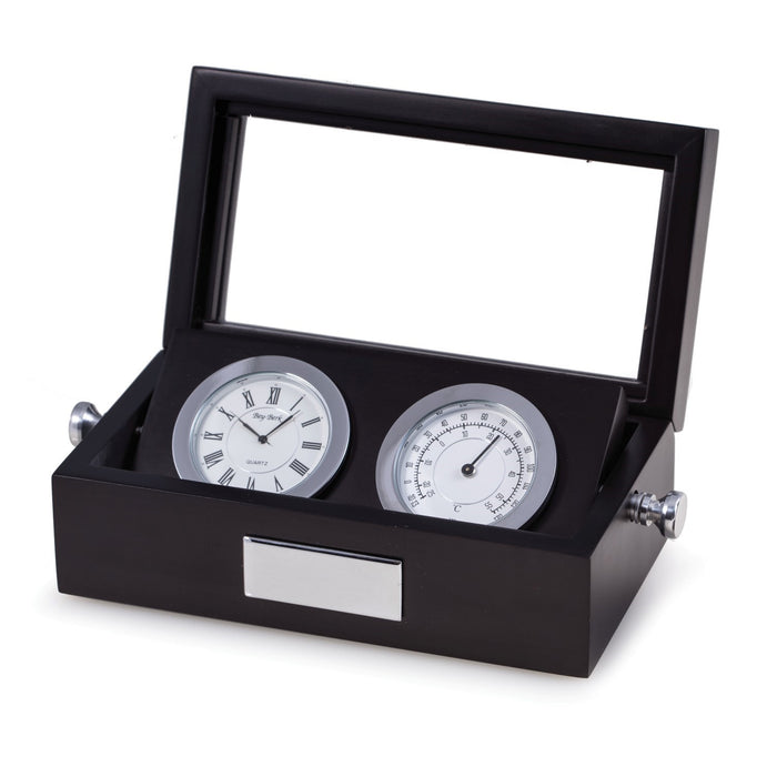 Occasion Gallery Black Color Chrome Clock and Thermometer in Black Hinged Box with Glass Top. 2.75 L x 7 W x 3.85 H in.