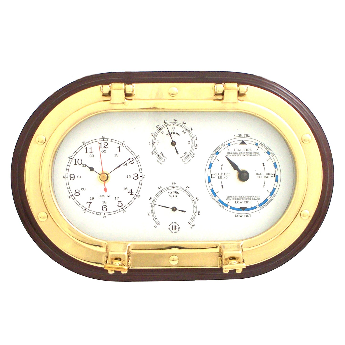 Occasion Gallery Mahogany  Color Lacquered Brass Oval Porthole Quartz Tide and Time Clocks, Thermometer and Hygrometer on Mahogany Wood. 12 L x 3.25 W x 8 H in.