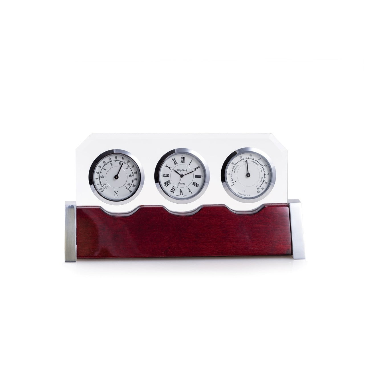 Occasion Gallery Rosewood Color Desktop Weather Station with Clock, Thermometer and Hygrometer on Lacquered Rosewood with Chrome Accents. 9 L x 2.5 W x 4.5 H in.