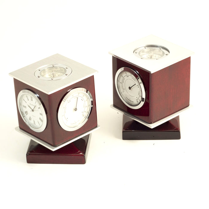 Occasion Gallery Rosewood Color Lacquered Rosewood Weather Station with Clock, Thermometer, Hygrometer, Compass Top and Engraving Plate. 3 L x 3 W x 4 H in.