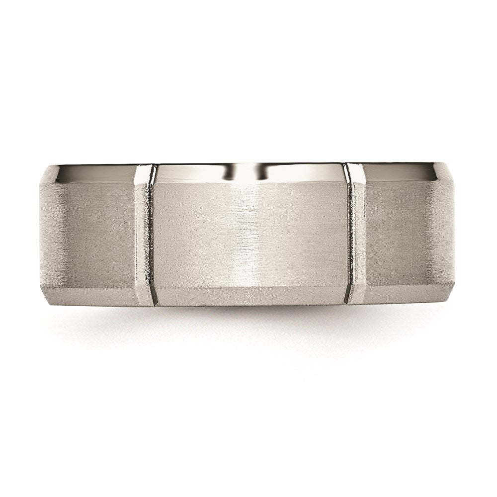 Unisex Fashion Jewelry, Chisel Brand Stainless Steel Beveled Edge Grooved 8mm Brushed/Polished Ring Band