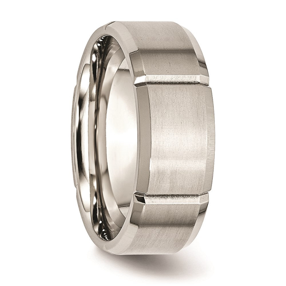 Unisex Fashion Jewelry, Chisel Brand Stainless Steel Beveled Edge Grooved 8mm Brushed/Polished Ring Band