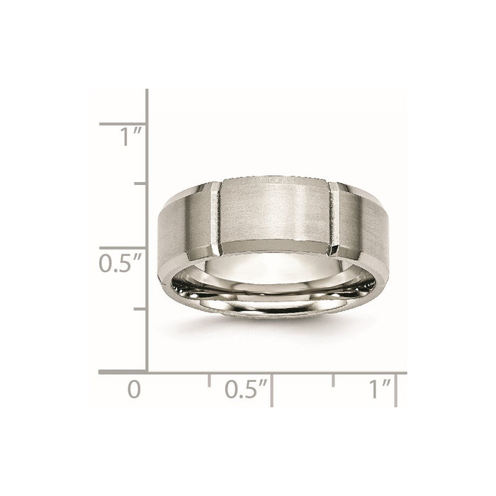 Unisex Fashion Jewelry, Chisel Brand Stainless Steel Beveled Edge Grooved 8mm Brushed/Polished Ring Band