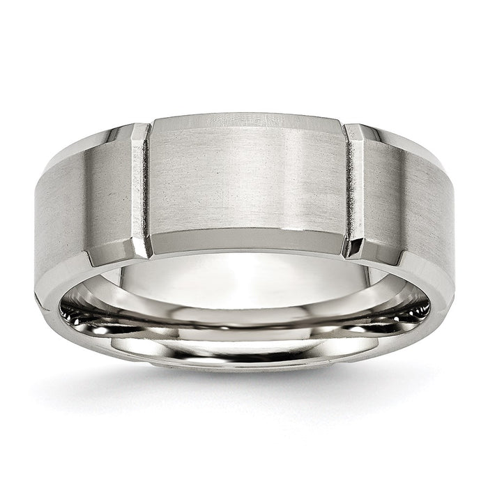 Unisex Fashion Jewelry, Chisel Brand Stainless Steel Beveled Edge Grooved 8mm Brushed/Polished Ring Band