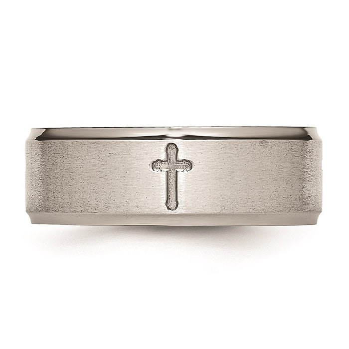 Unisex Fashion Jewelry, Chisel Brand Stainless Steel Ridged Edge Cross 8mm Brushed and Polished Ring Band