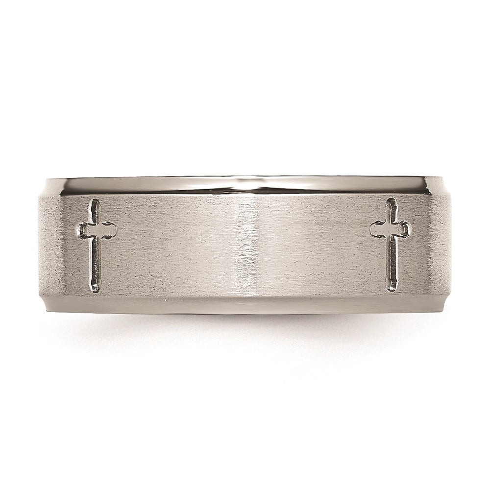 Unisex Fashion Jewelry, Chisel Brand Stainless Steel Ridged Edge Cross 8mm Brushed and Polished Ring Band