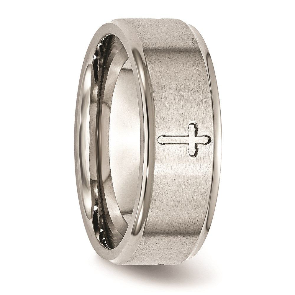 Unisex Fashion Jewelry, Chisel Brand Stainless Steel Ridged Edge Cross 8mm Brushed and Polished Ring Band