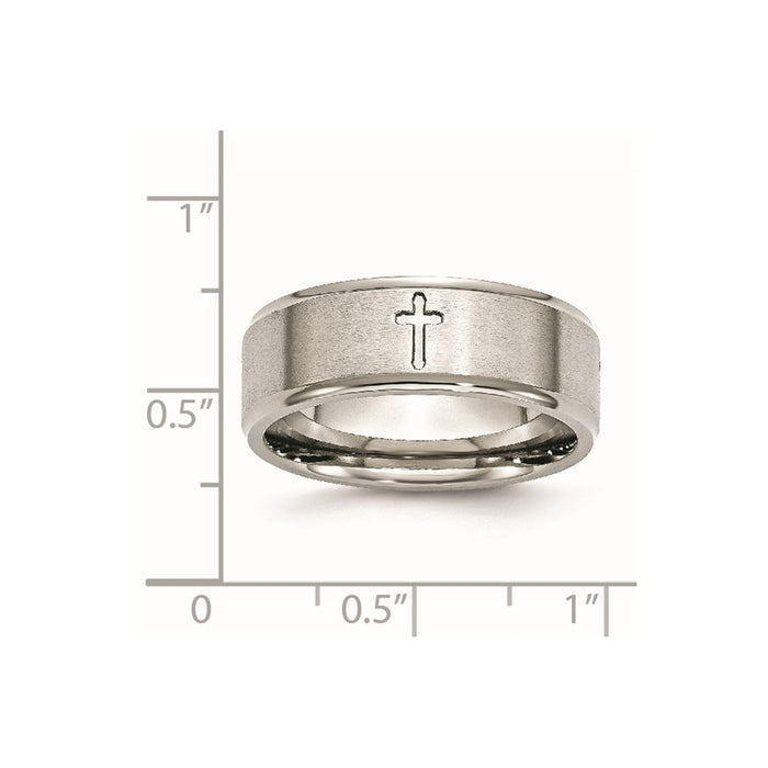 Unisex Fashion Jewelry, Chisel Brand Stainless Steel Ridged Edge Cross 8mm Brushed and Polished Ring Band