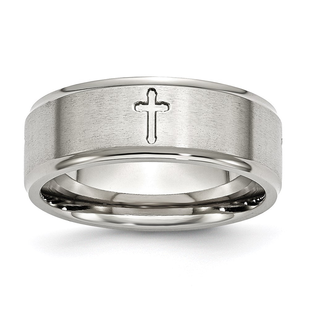 Unisex Fashion Jewelry, Chisel Brand Stainless Steel Ridged Edge Cross 8mm Brushed and Polished Ring Band