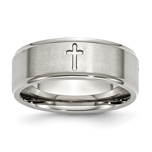 Unisex Fashion Jewelry, Chisel Brand Stainless Steel Ridged Edge Cross 8mm Brushed and Polished Ring Band