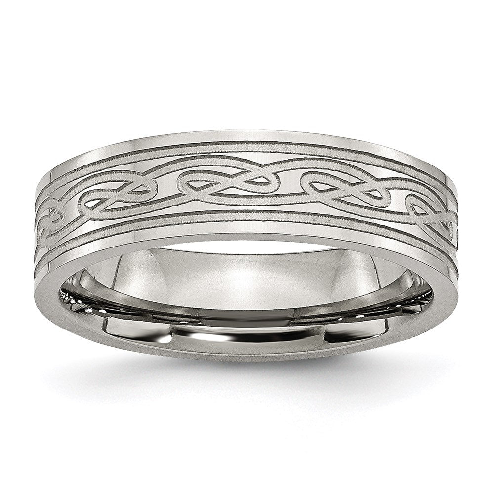 Unisex Fashion Jewelry, Chisel Brand Stainless Steel Flat Laser Etched Celtic Knot 6mm Polished Ring Band