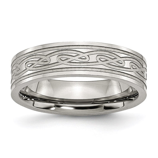 Unisex Fashion Jewelry, Chisel Brand Stainless Steel Flat Laser Etched Celtic Knot 6mm Polished Ring Band