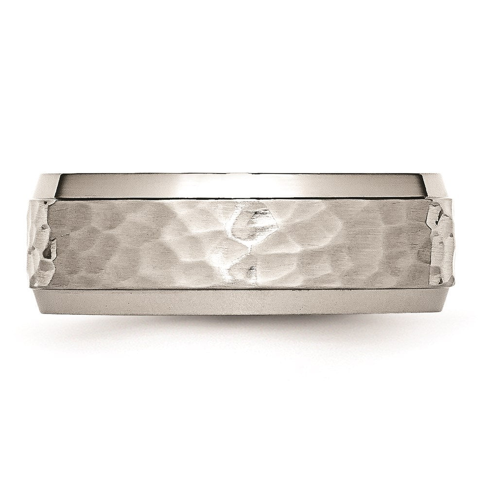 Unisex Fashion Jewelry, Chisel Brand Stainless Steel Beveled Edge 8mm Hammered Brushed Polished Ring Band