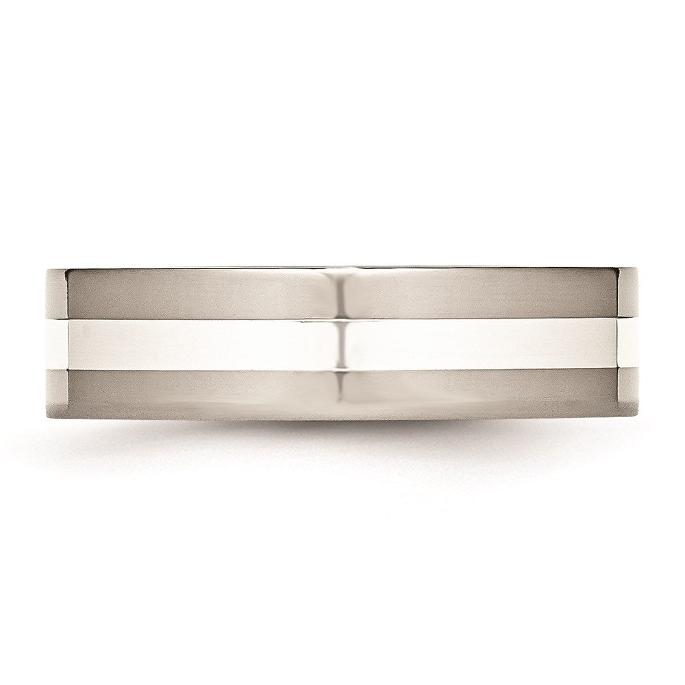 Unisex Fashion Jewelry, Chisel Brand Stainless Steel Sterling Silver Inlay Flat 6mm Polished Ring Band