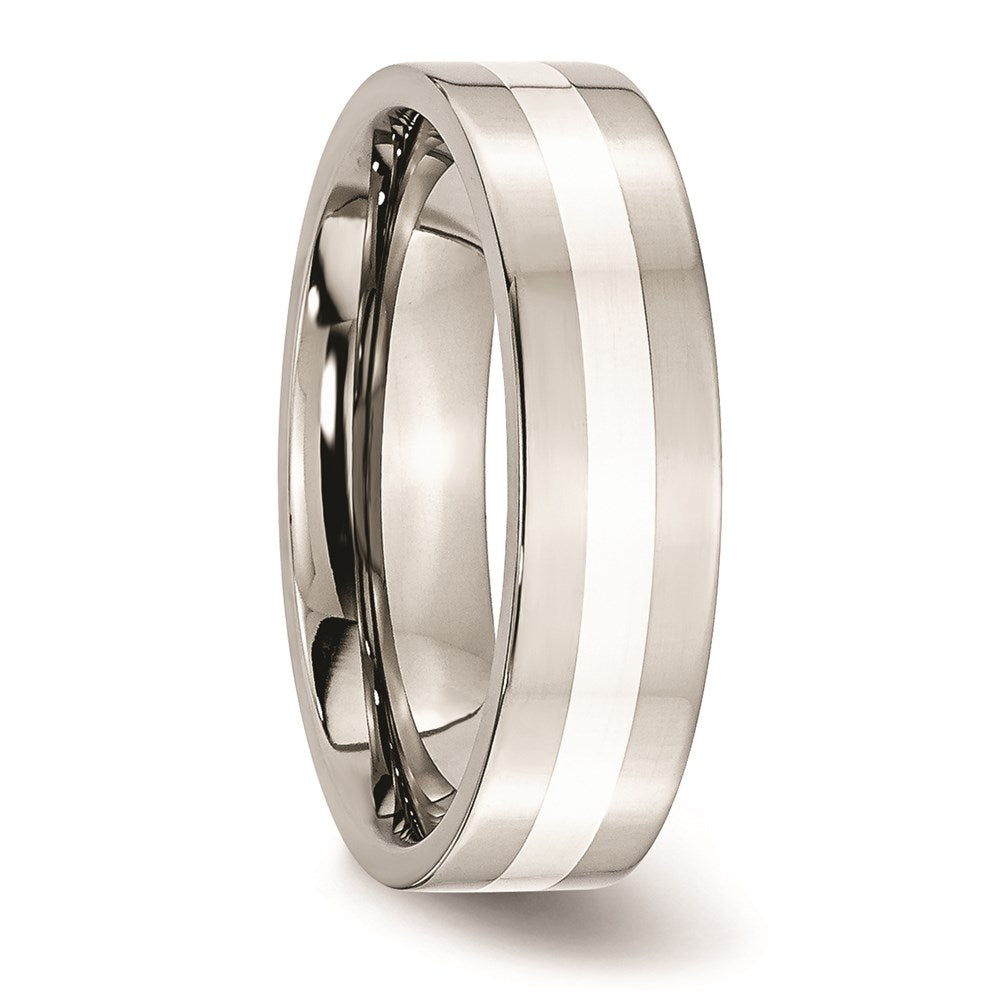 Unisex Fashion Jewelry, Chisel Brand Stainless Steel Sterling Silver Inlay Flat 6mm Polished Ring Band