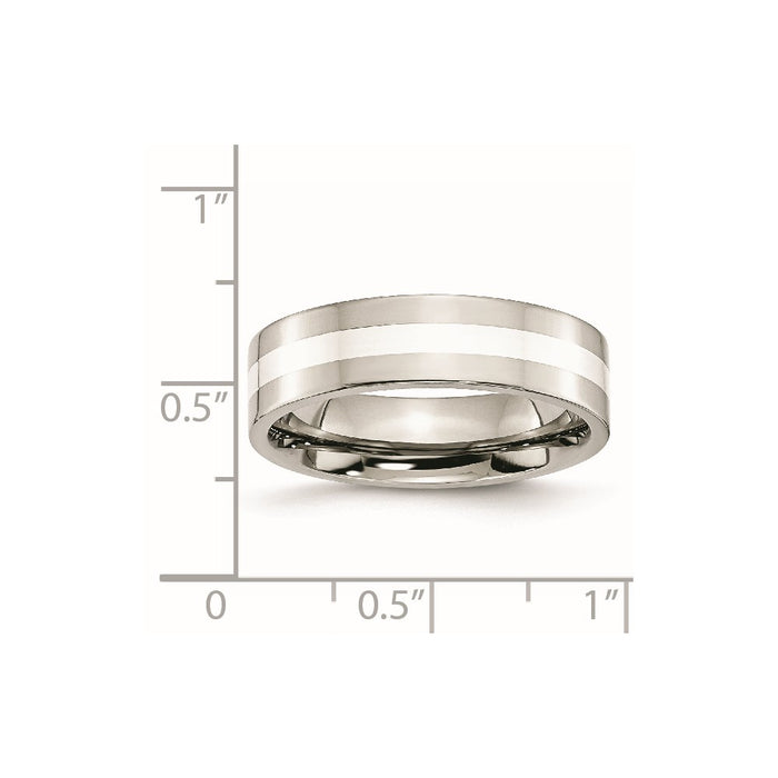 Unisex Fashion Jewelry, Chisel Brand Stainless Steel Sterling Silver Inlay Flat 6mm Polished Ring Band