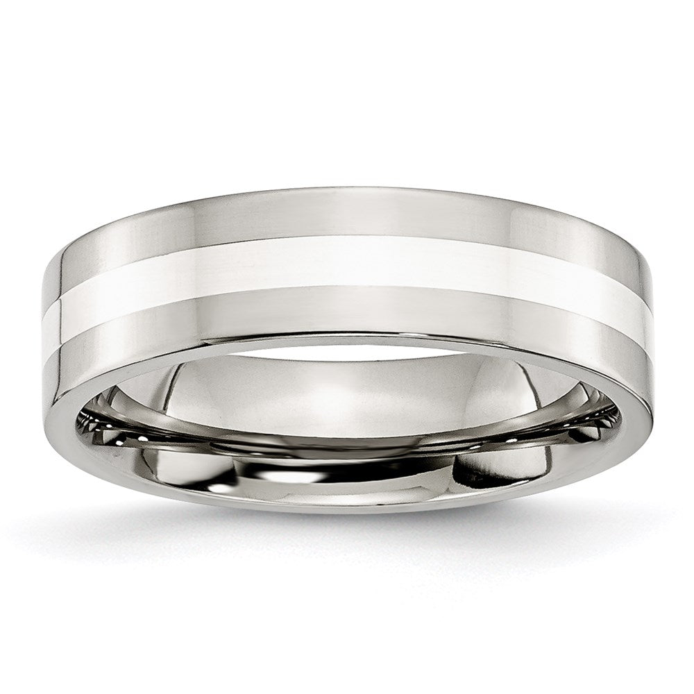 Unisex Fashion Jewelry, Chisel Brand Stainless Steel Sterling Silver Inlay Flat 6mm Polished Ring Band