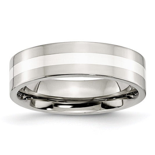 Unisex Fashion Jewelry, Chisel Brand Stainless Steel Sterling Silver Inlay Flat 6mm Polished Ring Band