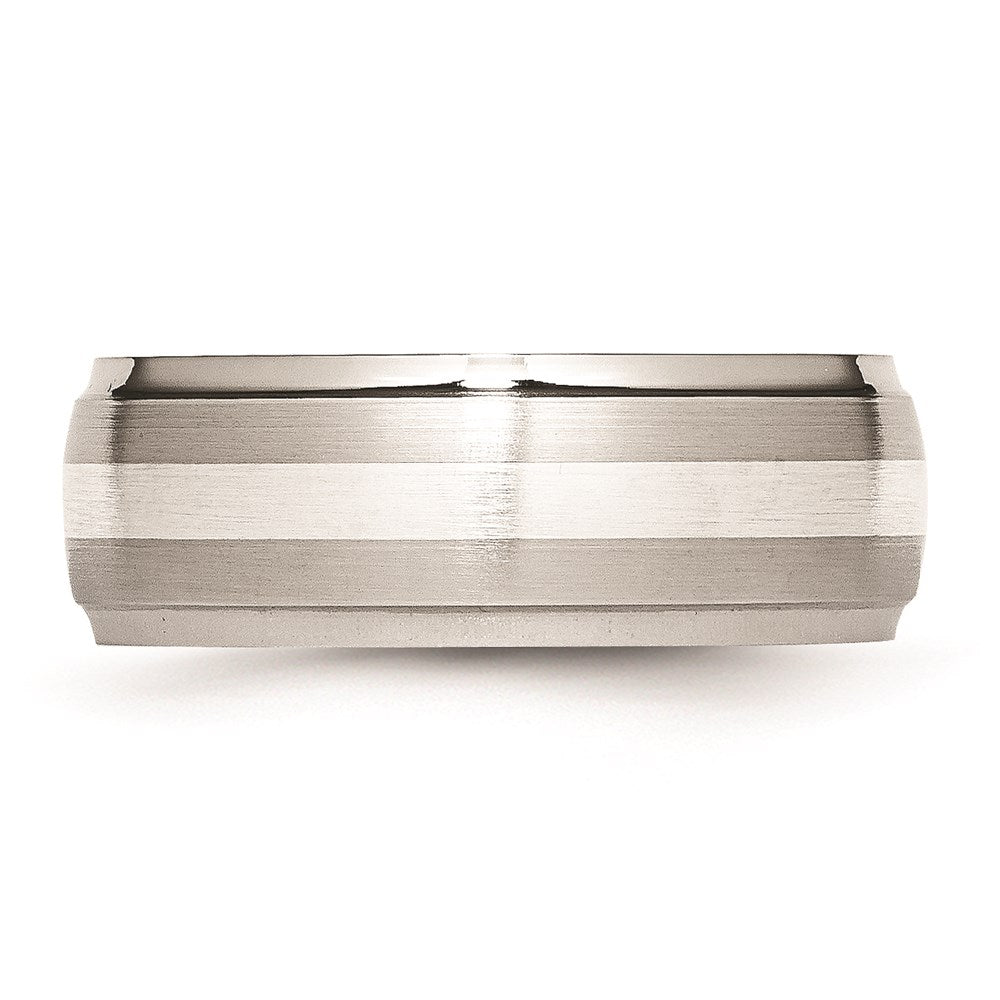 Men's Fashion Jewelry, Chisel Brand Stainless Steel Sterling Silver Inlay Ridged Edge Brushed and Polished Ring Band