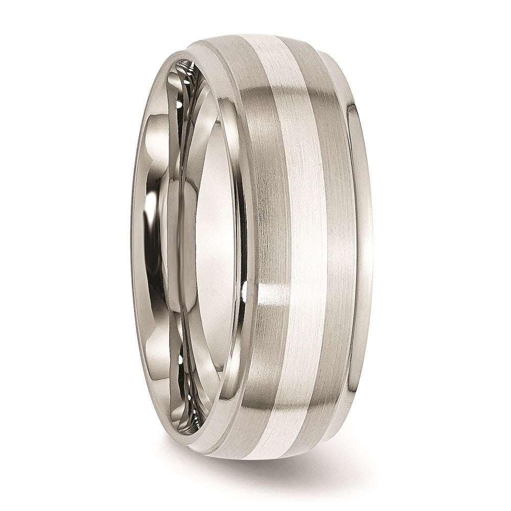 Men's Fashion Jewelry, Chisel Brand Stainless Steel Sterling Silver Inlay Ridged Edge Brushed and Polished Ring Band