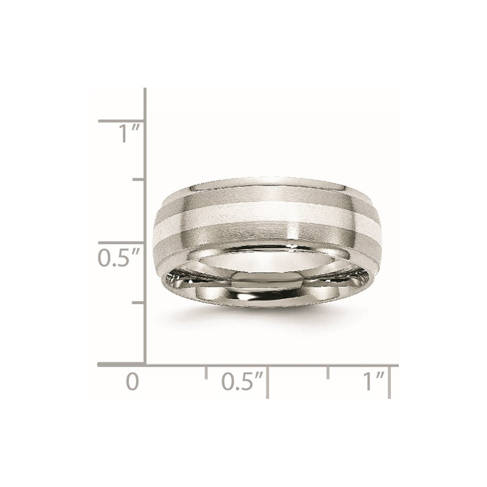 Men's Fashion Jewelry, Chisel Brand Stainless Steel Sterling Silver Inlay Ridged Edge Brushed and Polished Ring Band