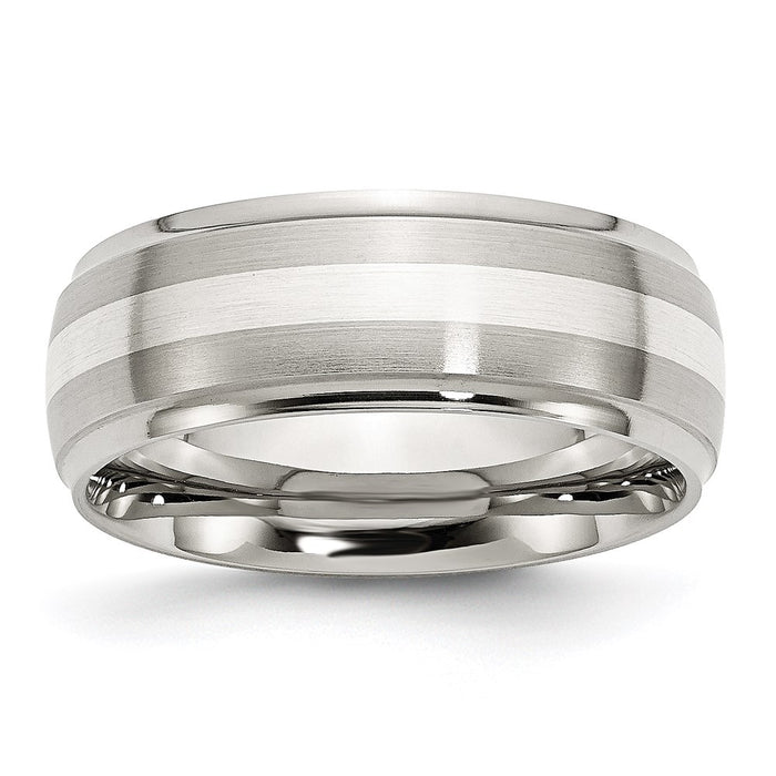 Men's Fashion Jewelry, Chisel Brand Stainless Steel Sterling Silver Inlay Ridged Edge Brushed and Polished Ring Band