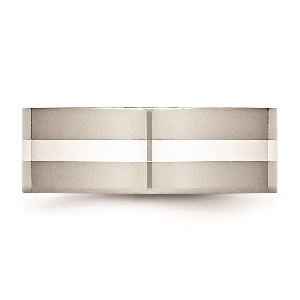 Unisex Fashion Jewelry, Chisel Brand Stainless Steel Sterling Silver Inlay Flat 8mm Polished Ring Band