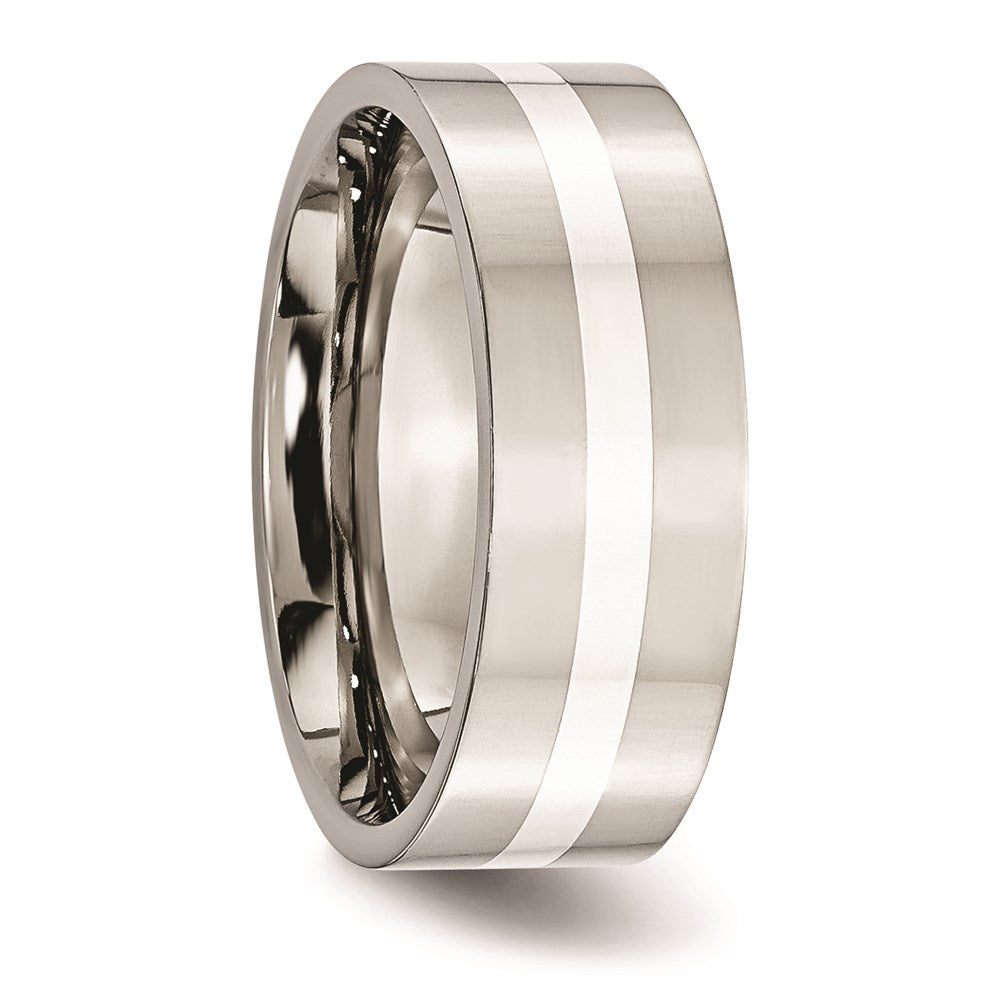 Unisex Fashion Jewelry, Chisel Brand Stainless Steel Sterling Silver Inlay Flat 8mm Polished Ring Band