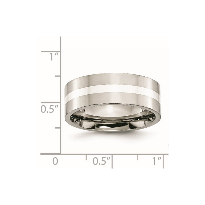 Unisex Fashion Jewelry, Chisel Brand Stainless Steel Sterling Silver Inlay Flat 8mm Polished Ring Band