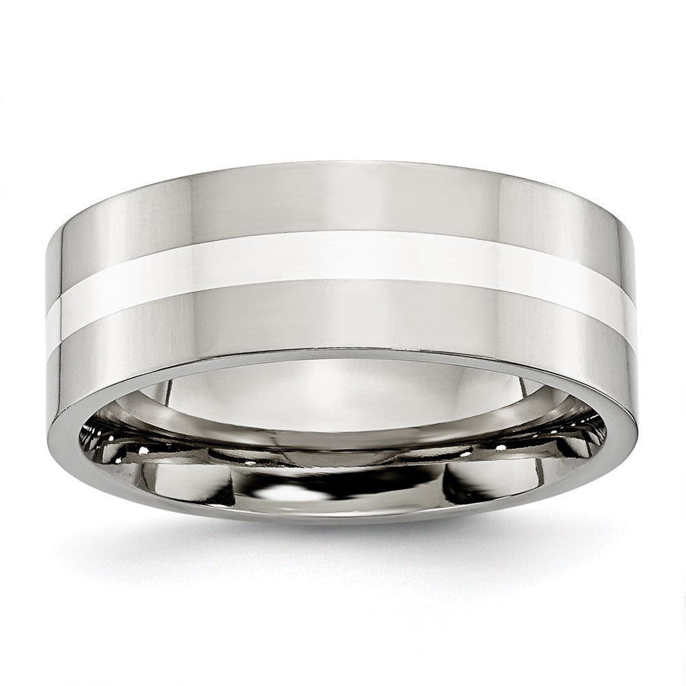 Unisex Fashion Jewelry, Chisel Brand Stainless Steel Sterling Silver Inlay Flat 8mm Polished Ring Band
