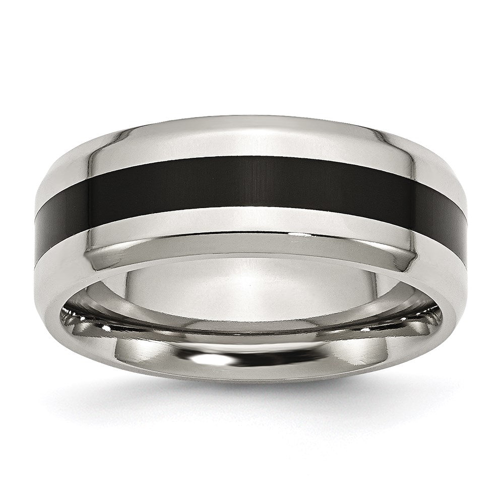 Unisex Fashion Jewelry, Chisel Brand Stainless Steel Black Enamel 8mm Polished Beveled Edge Ring Band