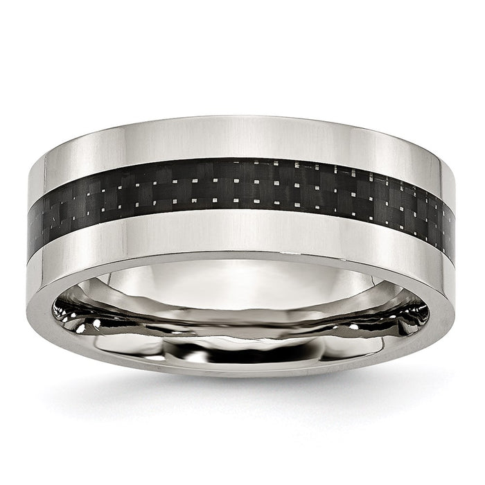 Unisex Fashion Jewelry, Chisel Brand Stainless Steel Black Carbon Fiber Inlay Flat 8mm Polished Ring Band